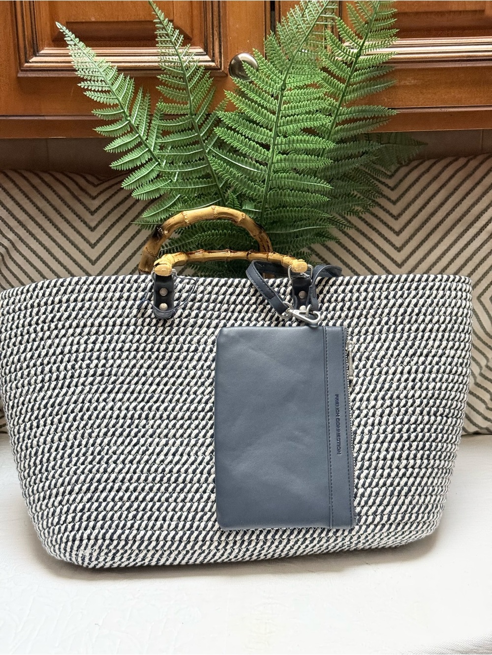 French Connection  Biscay Beach Rope Tote with Bamboo Handles and Navy Pouch.